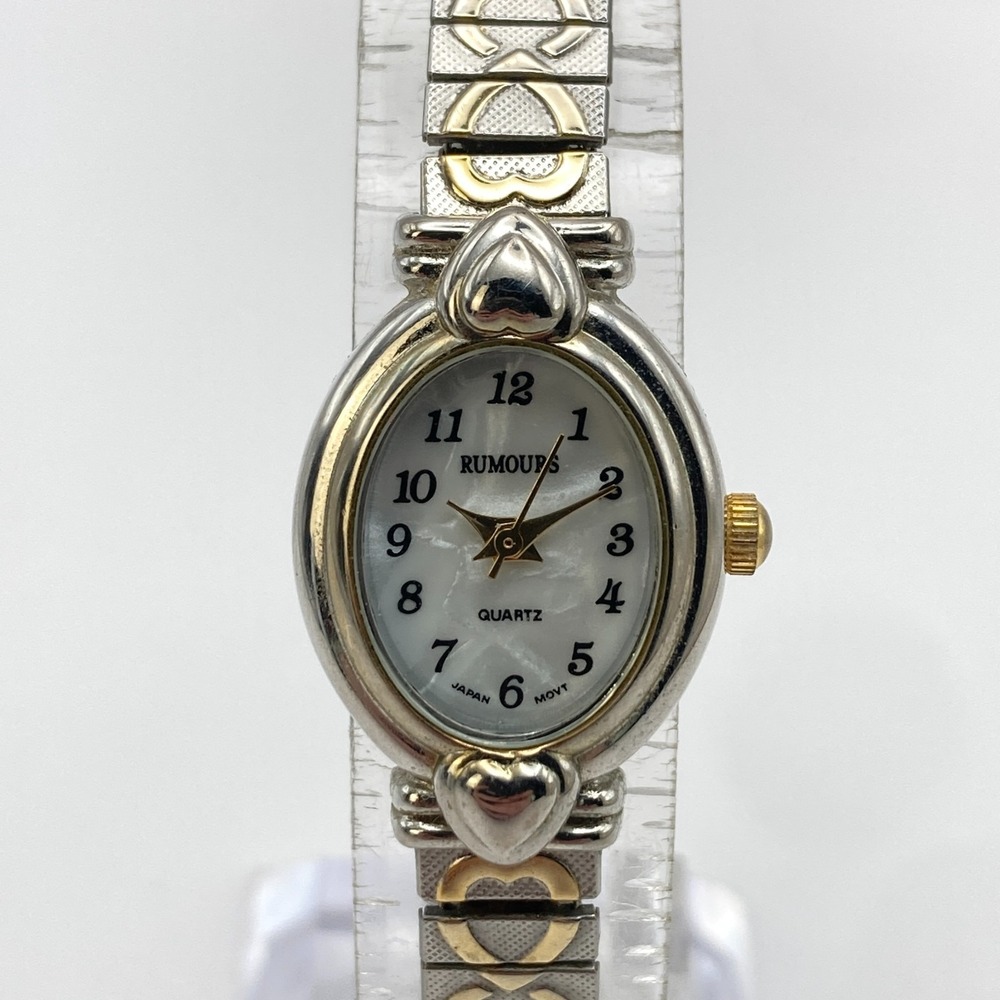 Vtg Rumours Womens Watch Heart Silver Gold Tone MOP Stretch New Battery SMALL 6"